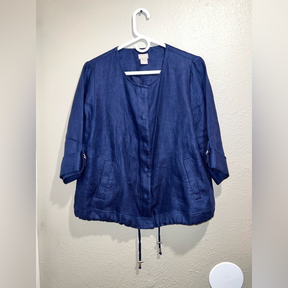 Chico's Navy 100% Linen Lightweight Utility Zip-Up Jacket - Size 1